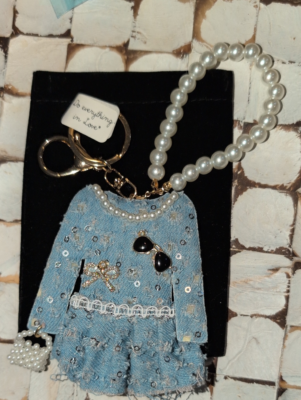 Denim Dress With Brooches, Pearl Trim And Handbag Keychain Bag Charm - New